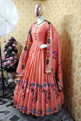 Peach Rayon Silk Readymade Anarkali Gown