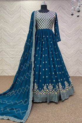 Peacock Blue Embroidery Work Anarkali Gown