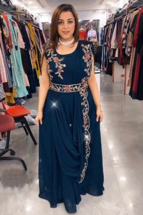 Peacock Blue Embroidery Work Anarkali Gown With Belt