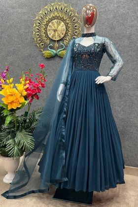 Peacock Blue Embroidery Work Anarkali Style Gown