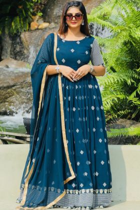 Peacock Blue Embroidery Work Faux Georgette Anarkali Gown
