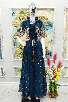 Peacock Blue Embroidery Work Suit With Long Koti