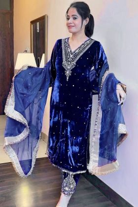 Peacock Blue Embroidery Work Velvet Salwar Kameez