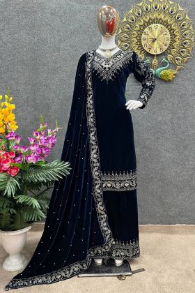 Peacock Blue Embroidery Work Viscose Velvet Salwar Suit