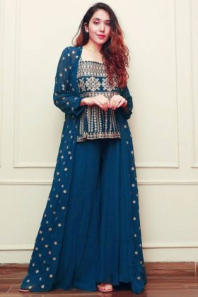Peacock Blue Heavy Georgette Dress With Shrug