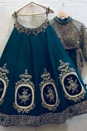 Peacock Blue Lehenga Choli With Embroidered Velvet Patch