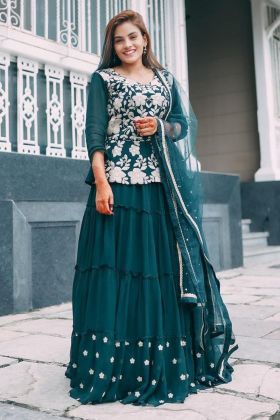 Peacock Blue Lehenga With Flower Embroidery Work Crop Top