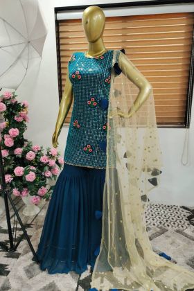 Peacock Blue Plain Sharara With Sequence Work Top