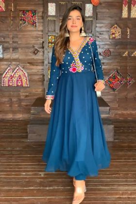 Peacock Blue Rivet Moti Work V Neck Anarkali Style Gown