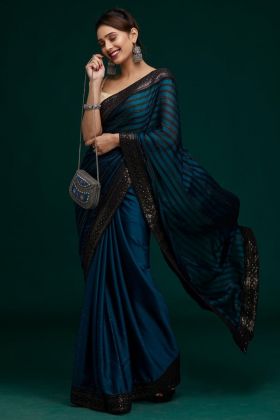 Peacock Blue Sequence Work Half And Half Saree