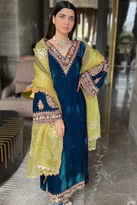 Peacock Blue Zari Embroidery Work Heavy 9000 Velvet Salwar Suit