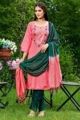 Pink 14 Kg Rayon Embroidered Suit With Weaving Work Dupatta