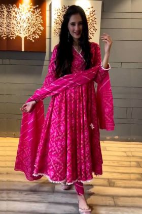 Pink Bandhani Printed Long Anarkali Style Diwali Wear Gown