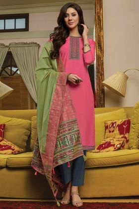Pink Color Muslin Thread Embroidery Suit