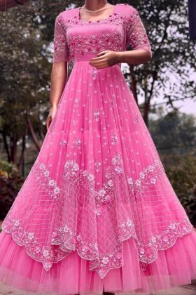 Pink Embroidered Butterfly Net Ruffle Gown