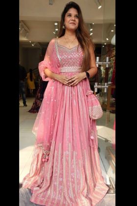 Pink Embroidery Work Anarkali Style Long Gown
