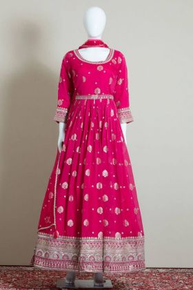 Pink Embroidery Work Heavy Georgette Readymade Gown