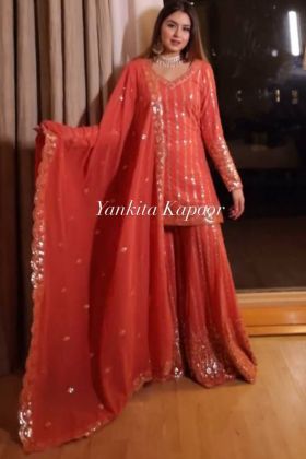 Pink Embroidery Work Palazzo Style Suit