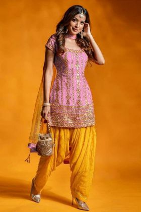 Pink Embroidery Work Readymade Dhoti Salwar Suit