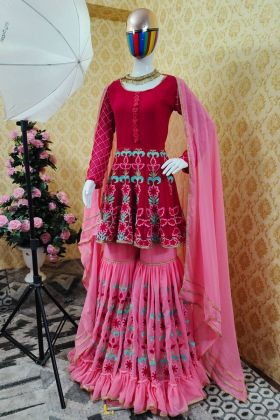 Pink Embroidery Work Ruffle Sharara Suit