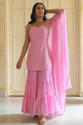 Pink Embroidery Work Sleeveless Top With Sharara