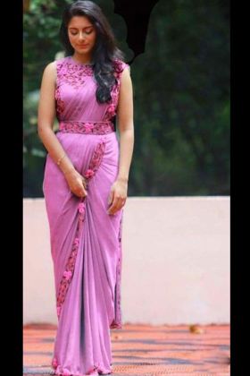 Pink Fancy Thread Work Saree With Kamar Belt