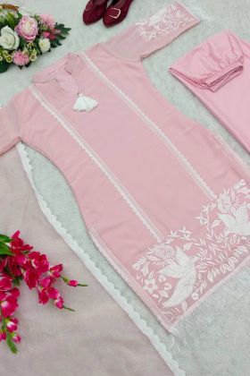 Pink Faux Georgette Embroidery Work Straight Suit