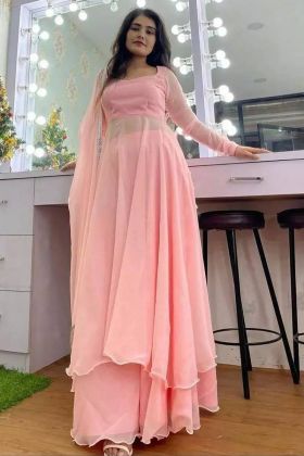 Pink Faux Georgette Plain Gown With Palazzo