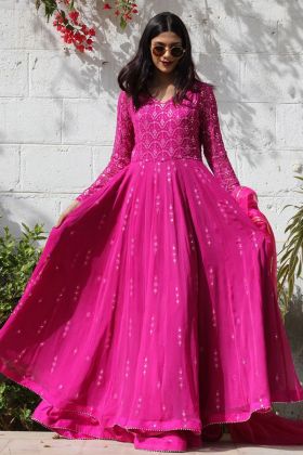 Pink Faux Georgette Sequence Work Anarkali Gown
