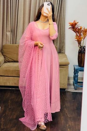 Pink Finon Silk Plain Gown With Sequence Work Dupatta
