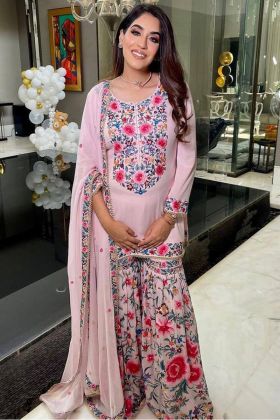 Pink Flower Embroidery Work Georgette Readymade Salwar Suit