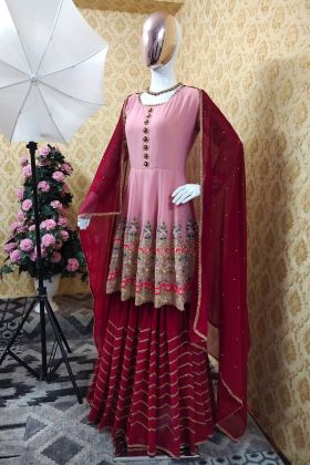 Pink Flower Embroidery Work Top With Sharara
