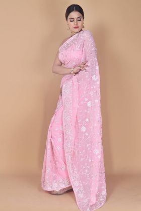 Pink Georgette Thread Embroidered Saree