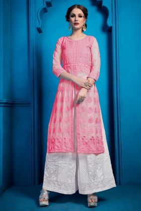 Pink Georgette Thread Work Straight Salwar Suit