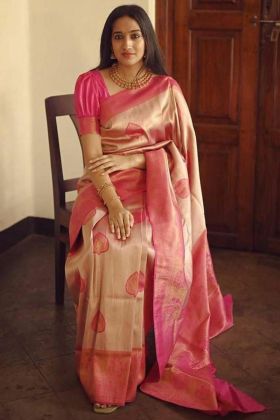 Pink Jacquard Work Lichi Silk Saree