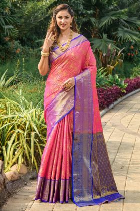 Pink Kanchipuram Silk Zari Wooven Work Saree
