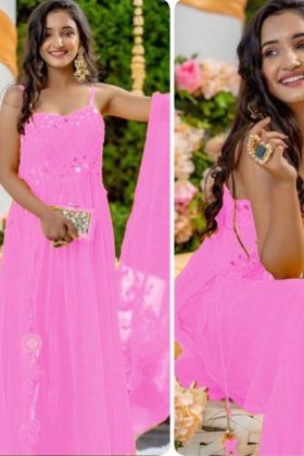 Pink Real Mirror Work Anarkali Style Sleeveless Salwar Suit