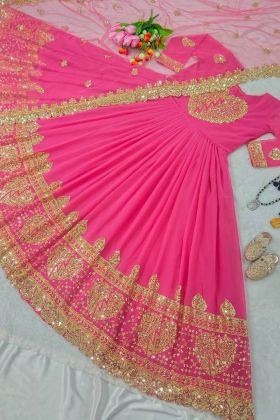 Pink Sequence Embroidery Work Readymade Gown