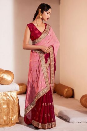 Pink Shaded Foil Printed Georgette Saree