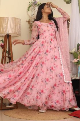 Pink Tebby Organza Silk Digital Print Stitch Gown