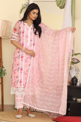 Pink Tebby Silk Organza Thread Work Straight Dress