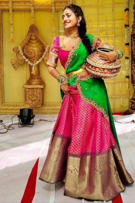 Pink Zari Work Kanjivaram Silk Lehenga Choli With Contrast Dupatta