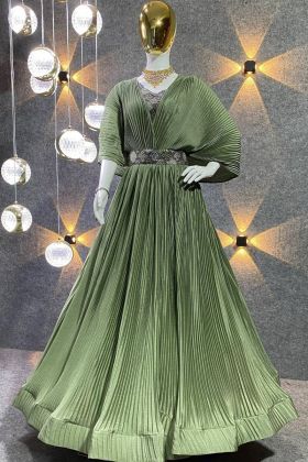 Pista Green Chinon Crush Readymade Long Gown