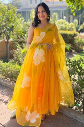 Plain Anarkali Yellow Gown With Printed Dupatta
