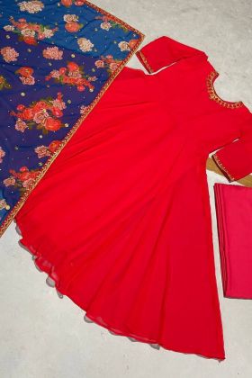 Plain Red Faux Georgette Silk Anarkali Gown With Printed Dupatta