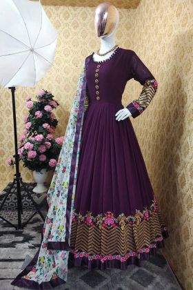 Plum Purple Anarkali Gown With Potli Buttons Neck
