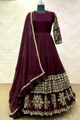 Plum Purple Embroidery Work Anarkali Gown With Ruffle Dupatta