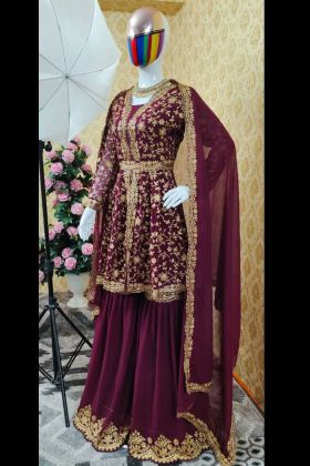 Plum Purple Embroidery Work Eid Wear Sharara Salwar Suit