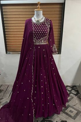 Plum Purple Embroidery Work Long Anarkali Gown