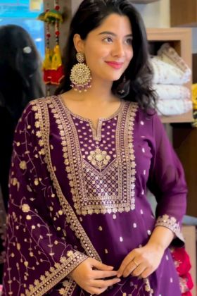 Plum Purple Embroidery Work Readymade Anarkali Dress